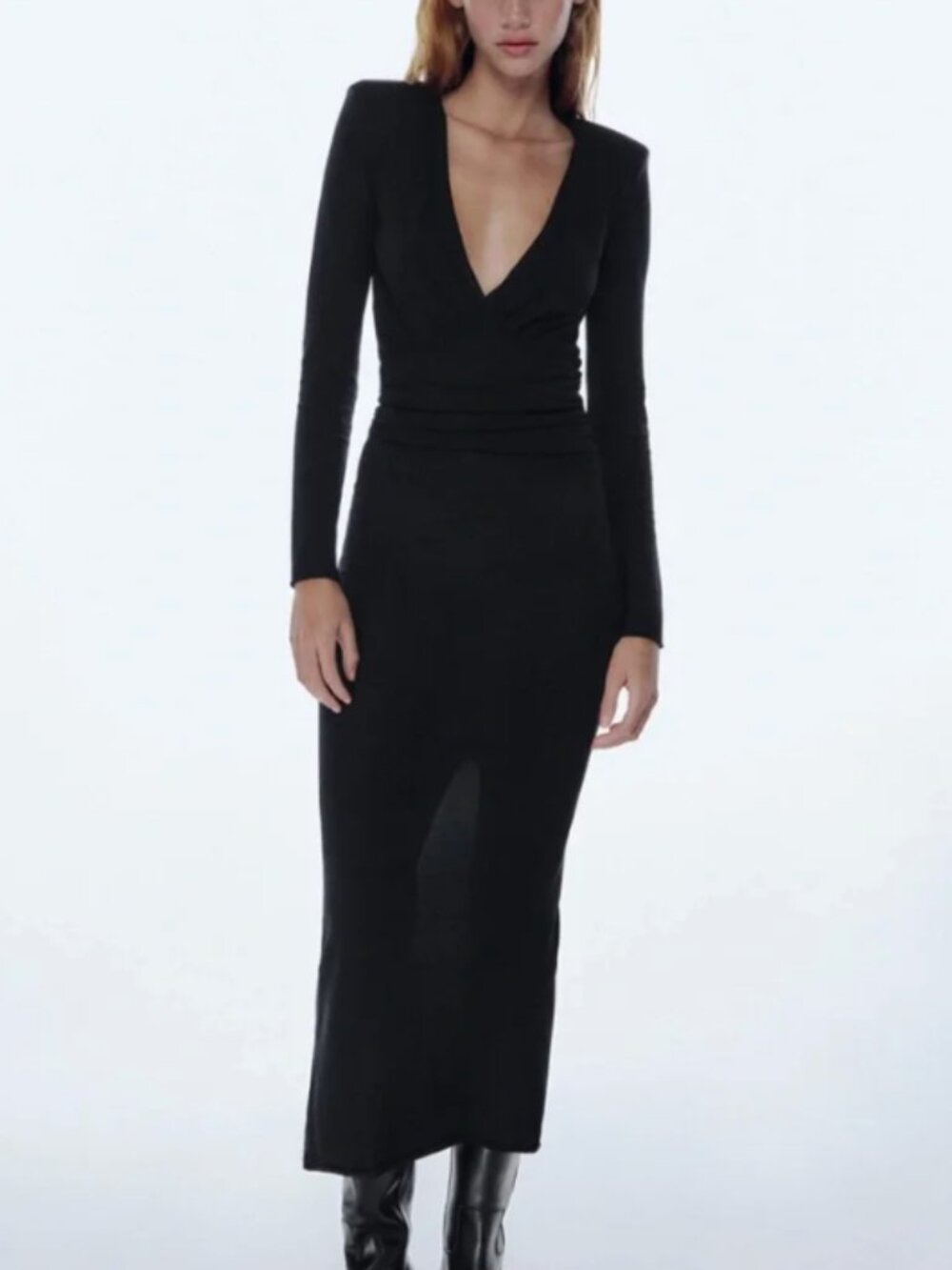ZARA Black Plunge Maxi Dres with Shoulder Pads